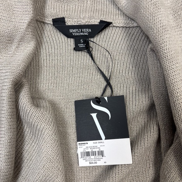 NWT Simply Vera‎ Wang Metallic Mayhem Sweater Jacket Cardigan Womens Size S Tan - Picture 3 of 6
